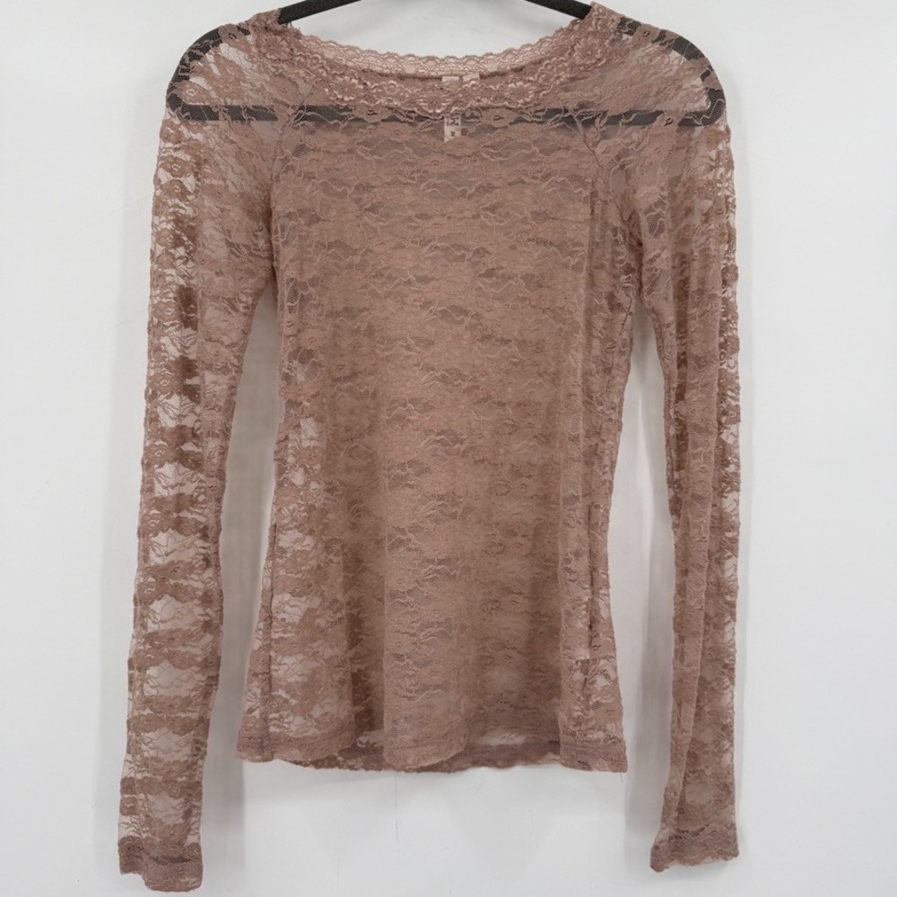 VTG Mudd Womens Y2K Lace Long Sleeve Sheer Top‎ M Nude Romantic Coquette Fairy